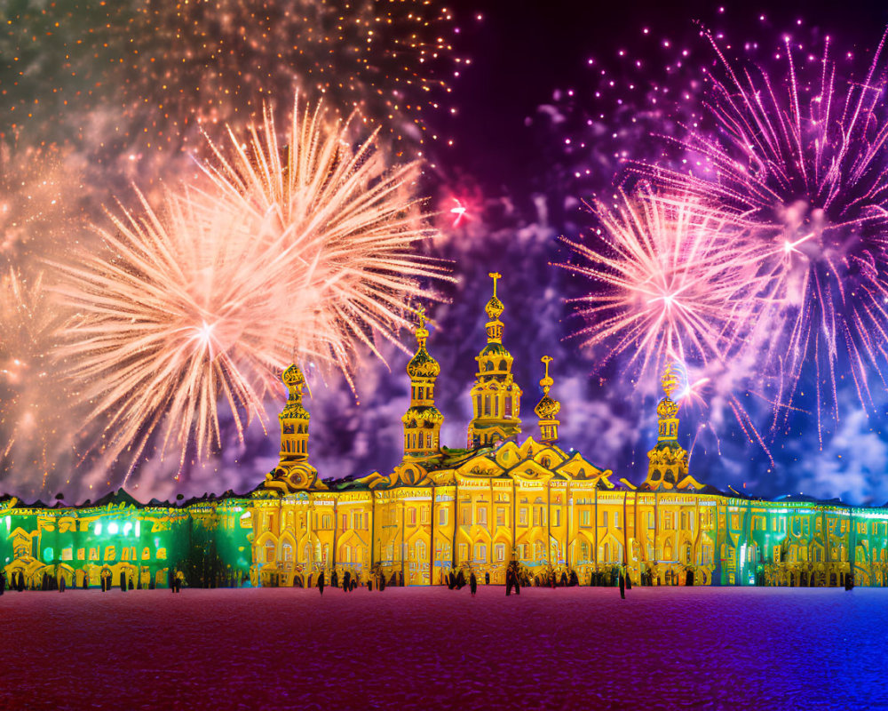 Grand Baroque-style building with vibrant fireworks display