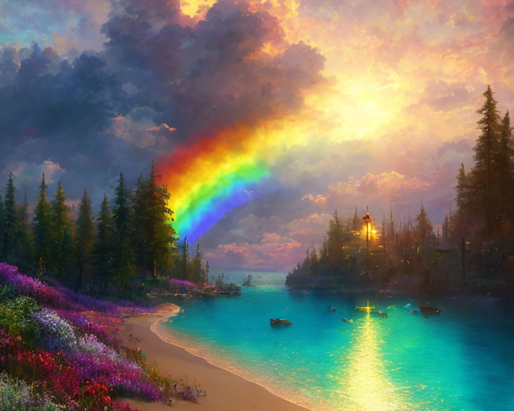 Colorful landscape with rainbow over lake, forest, and dramatic sunset sky