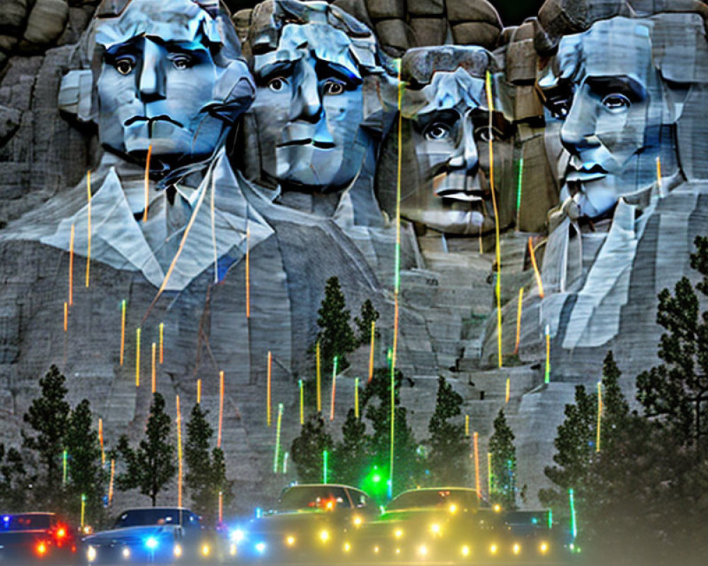 Digitally altered Mount Rushmore with colorful laser beams and police cars under twilight sky