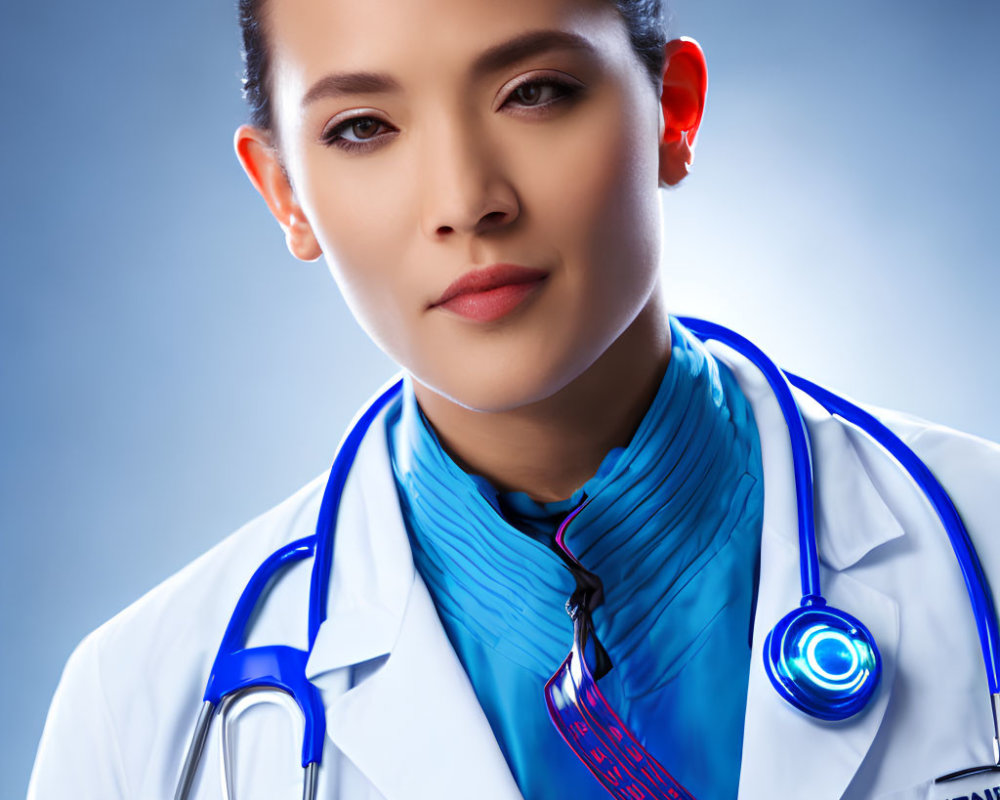 Professional Woman in Lab Coat with Stethoscope and Futuristic Medical Device on Blue Background