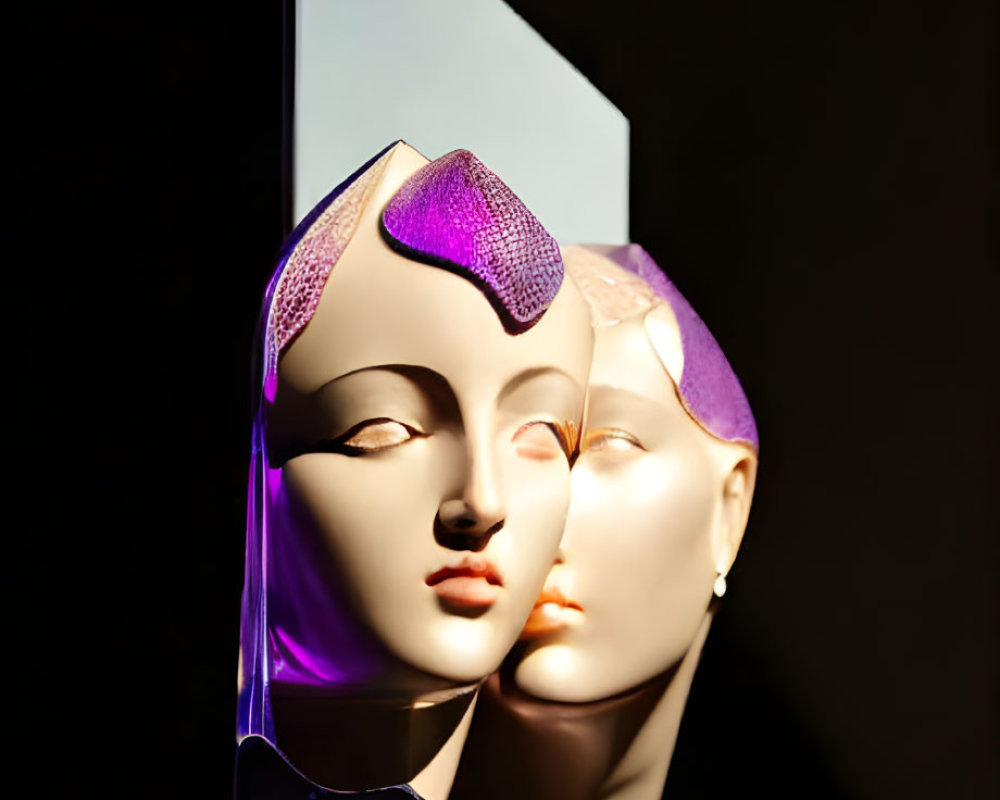 Glossy mannequin heads with purple accents on mirror against dark background