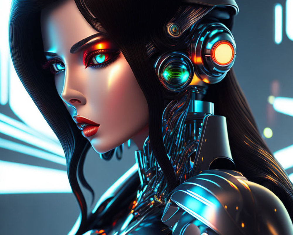 Futuristic cybernetic female figure with black hair and red eyes on neon-lit backdrop