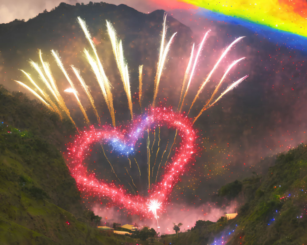 Colorful heart-shaped fireworks light up misty mountain night sky with rainbow arch
