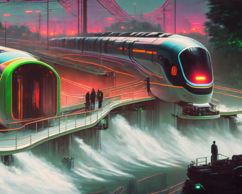 Futuristic train at neon-lit station over turbulent waters with cityscape.