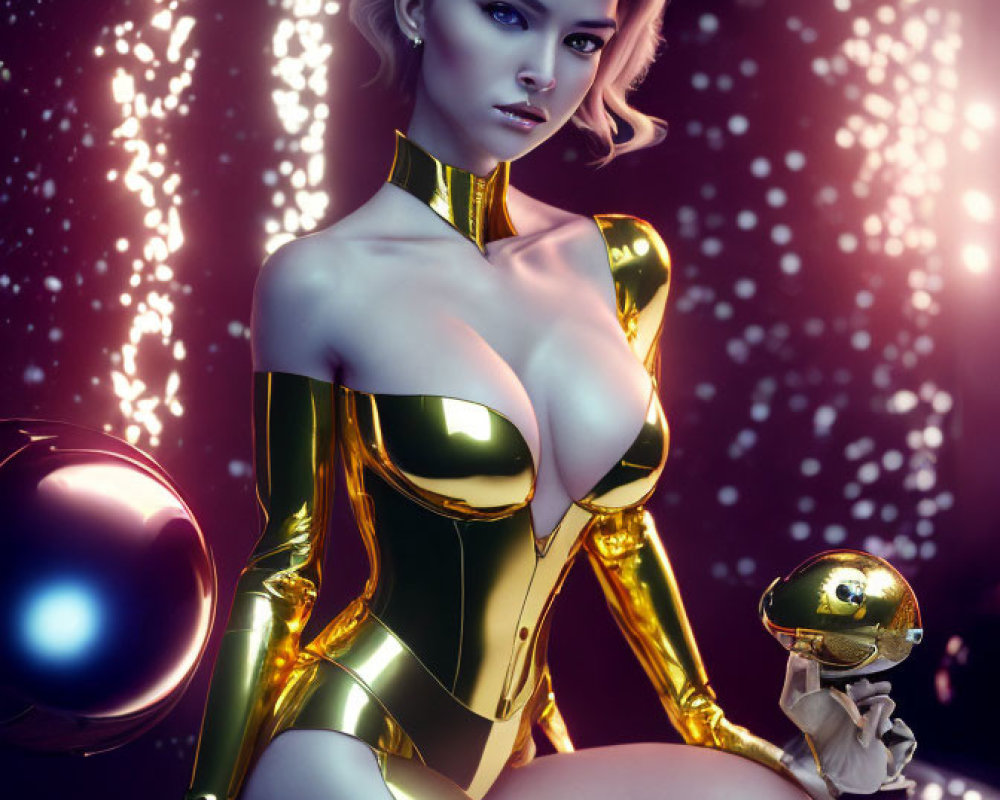 Futuristic digital artwork: Queen in golden crown and metallic armor with robotic orb in soft glowing lights
