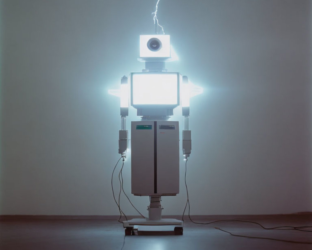 Robot-Themed Art Installation with Screen Torso and Lightning Bolt Effect