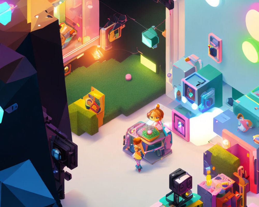 Vibrant Isometric Illustration of Futuristic Room with Character & High-Tech Gadgets