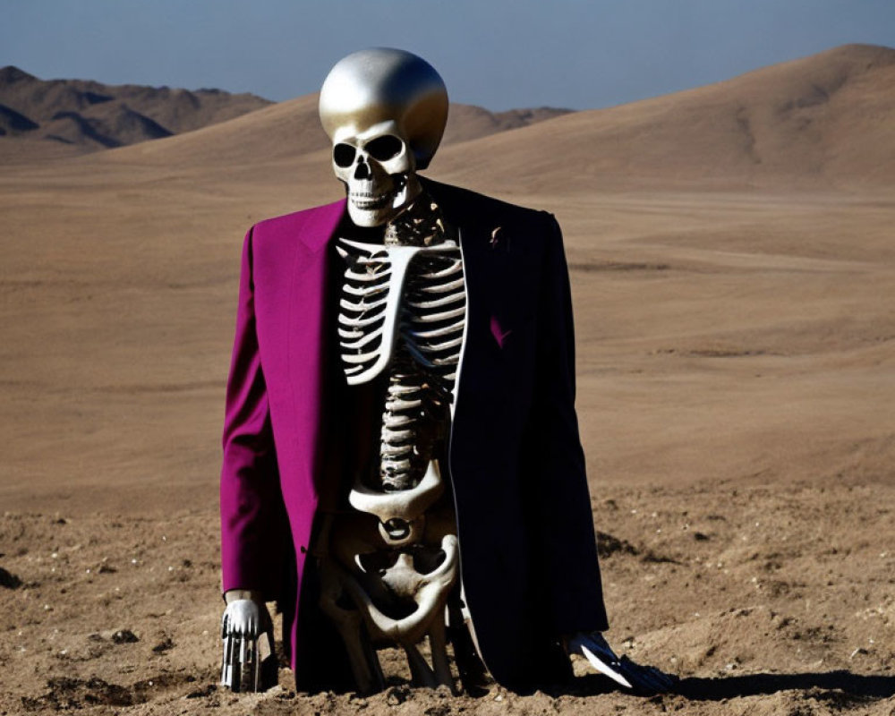 Skeleton in Sunglasses and Purple Blazer in Desert Scene