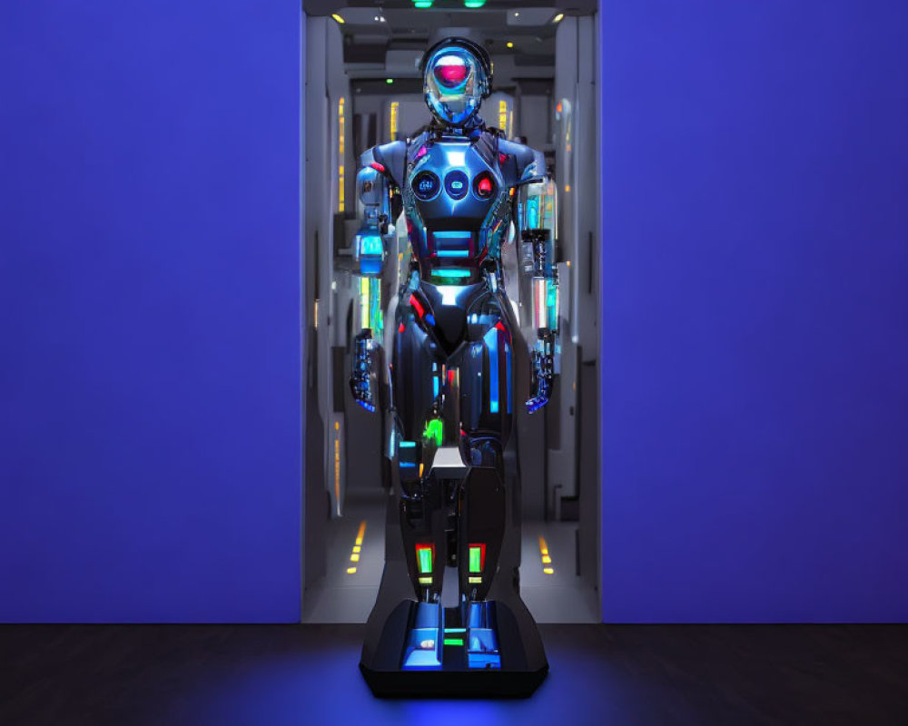 Futuristic robot with glowing blue and red lights in neon-lit enclosure
