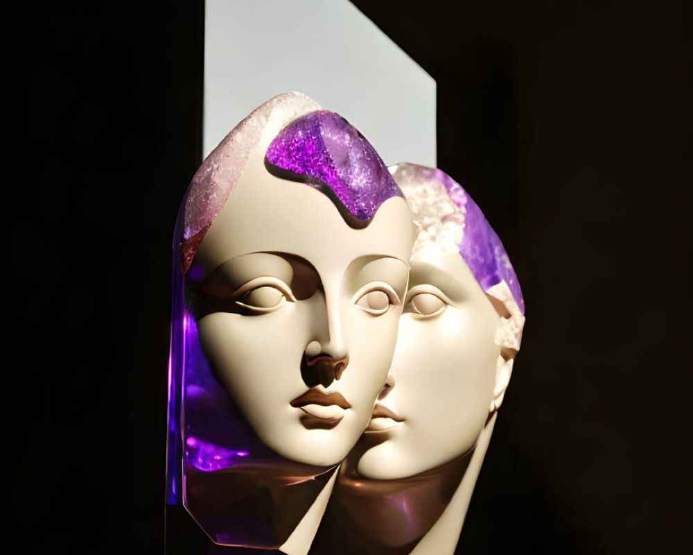 Stylized mannequin heads with purple lighting on metallic surfaces