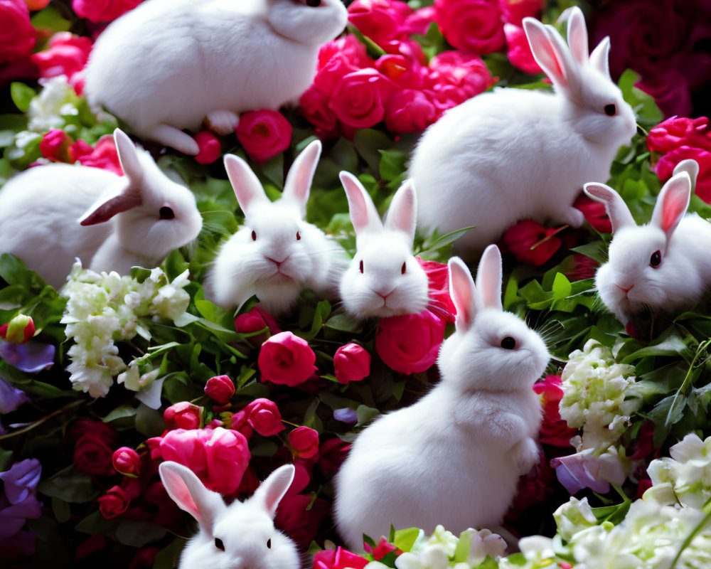 White Rabbits in Colorful Flower Garden with Roses and Snapdragons