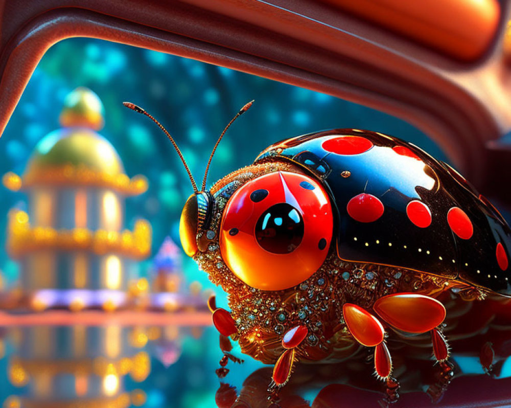 Detailed digital art: stylized mechanical ladybug in futuristic setting