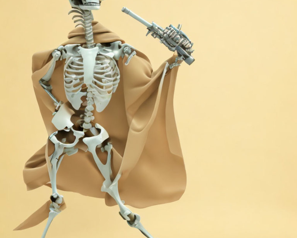 Skeleton with flowing cape holding sci-fi blaster on beige background