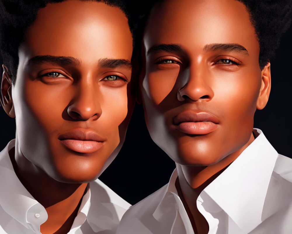 Dark-skinned male figures with afro hair in white shirts on dark background