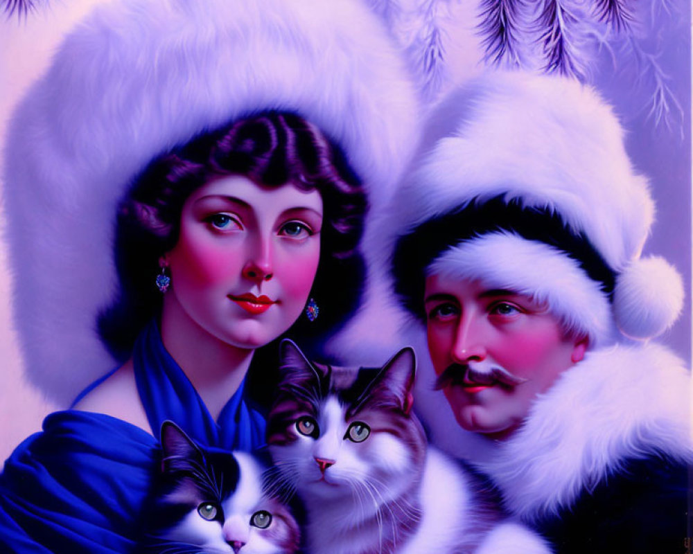 Vintage Style Illustration of Couple in White Fur Hats with Two Cats and Pine Branch Background