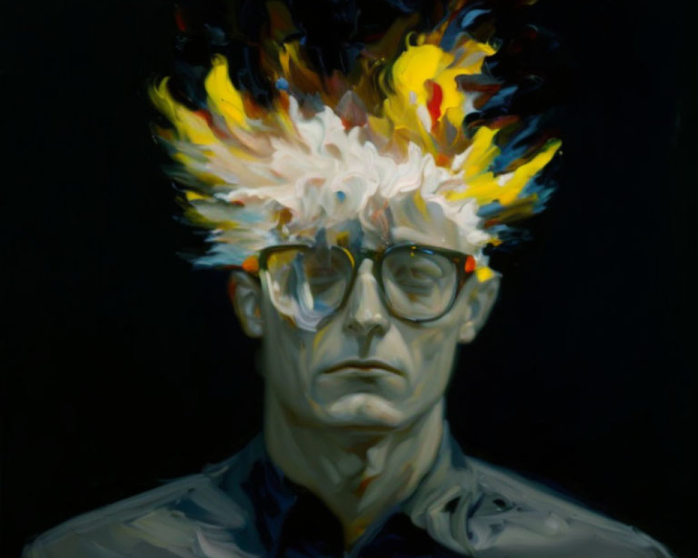 Portrait of a person with glasses and vibrant flame-like hair on dark background