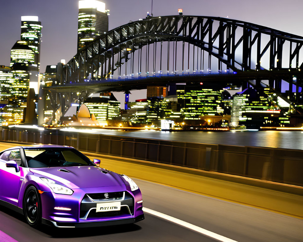 Purple sports car on road with illuminated skyline and steel bridge at dusk