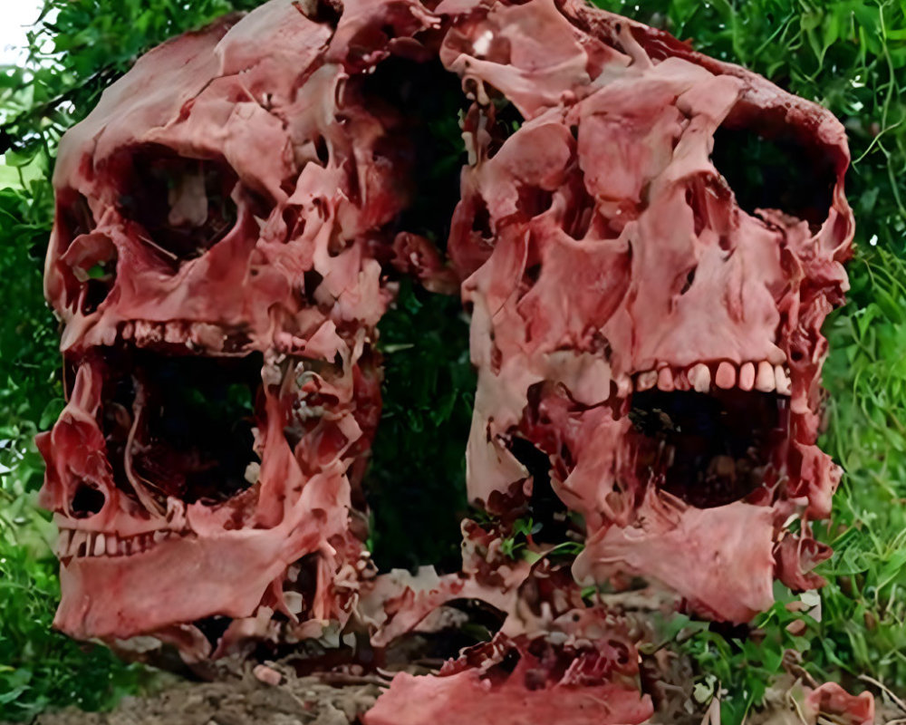Cube-shaped structure with distorted human skull imagery on raw surface against green foliage.