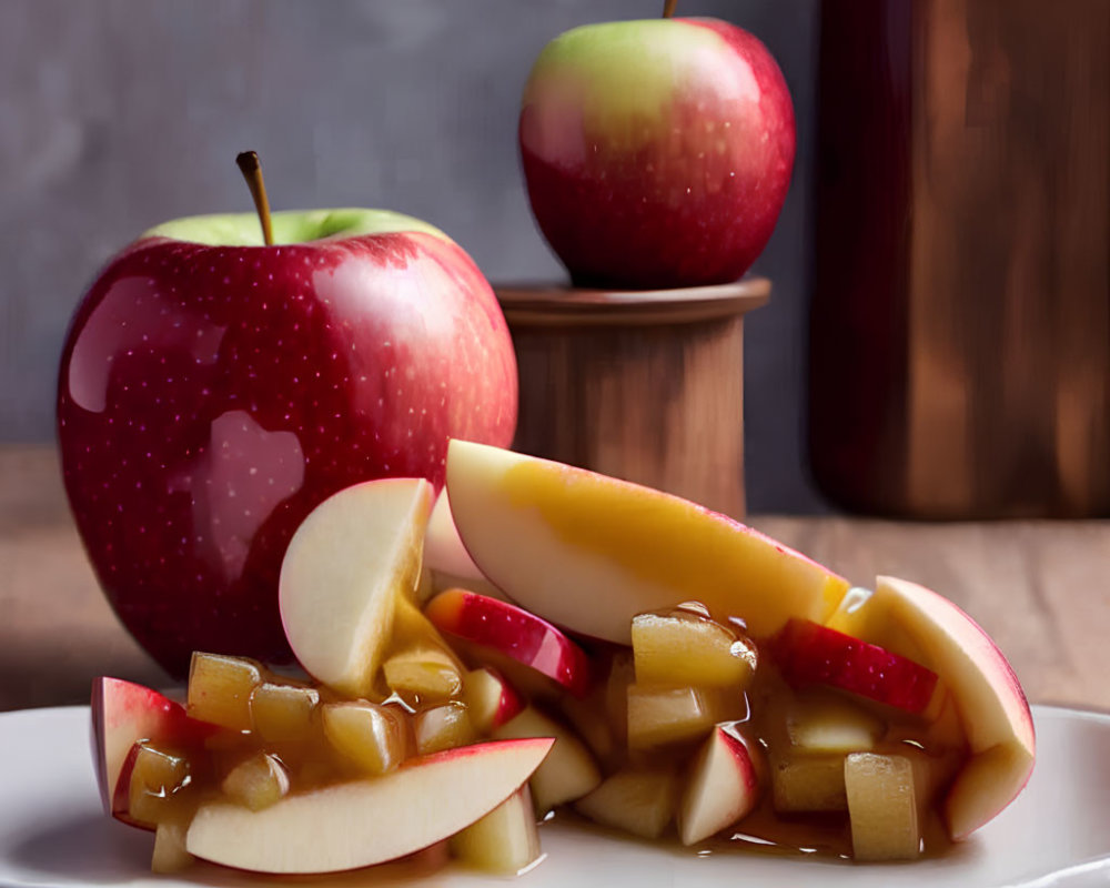 Fresh Red Apples and Caramel Slices on White Plate