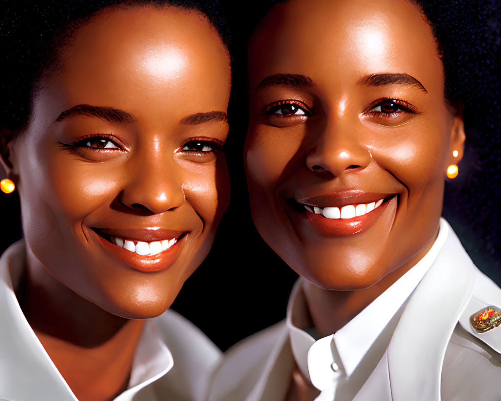 Identical twin women in white shirts smiling against dark background