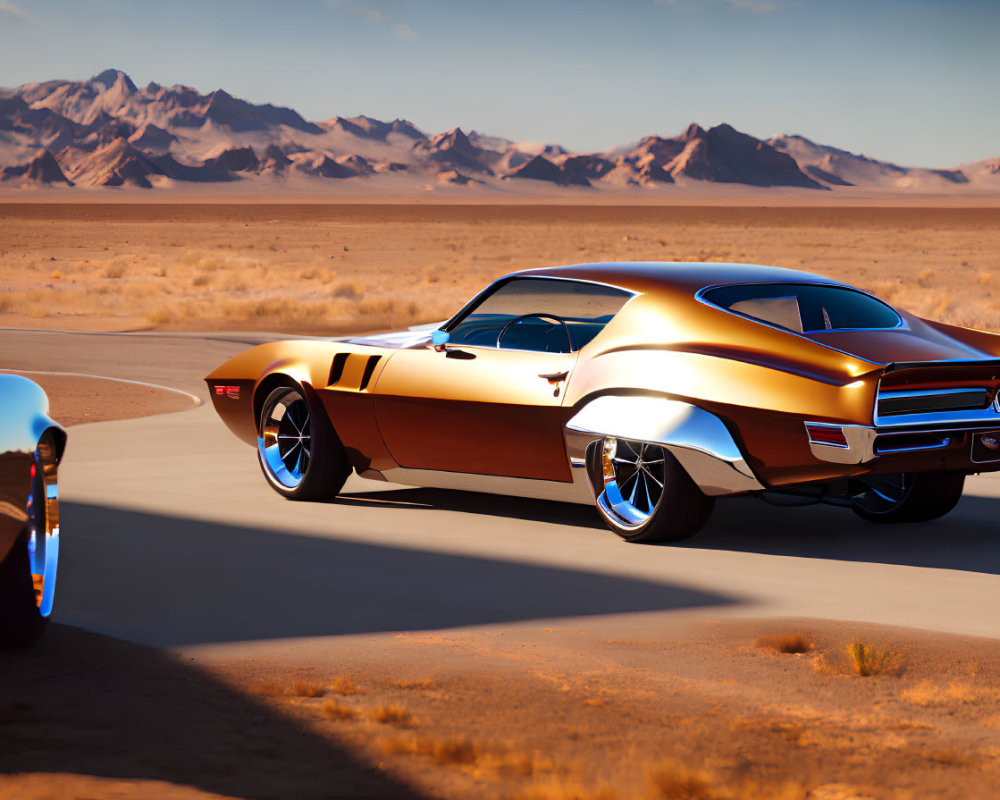 Vintage Muscle Car with Gold and Brown Paint in Desert Landscape