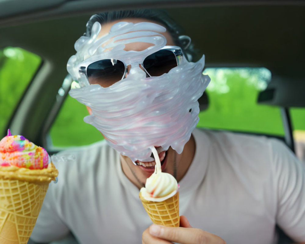 Person in car with face covered by soft serve ice cream holding ice cream cones