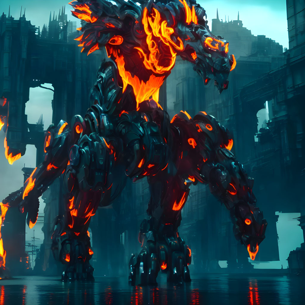 Fiery mechanical dragon in futuristic cityscape with glowing orange and red outline against dark industrial background
