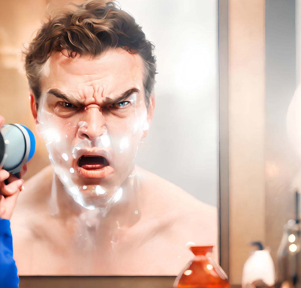 Man grimacing with electric razor sparks on cheek