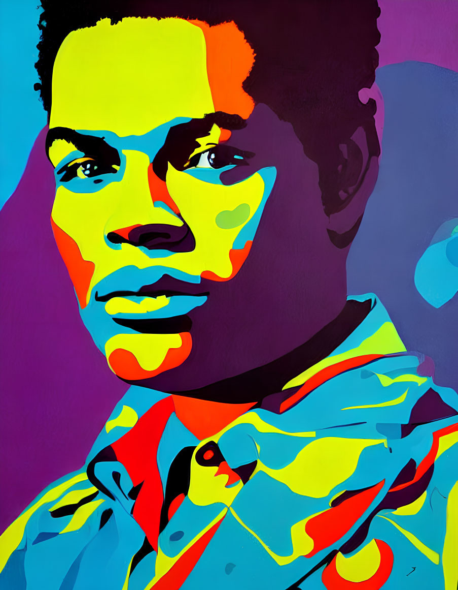 Vibrant Pop Art Style Portrait in Blue, Yellow, and Purple