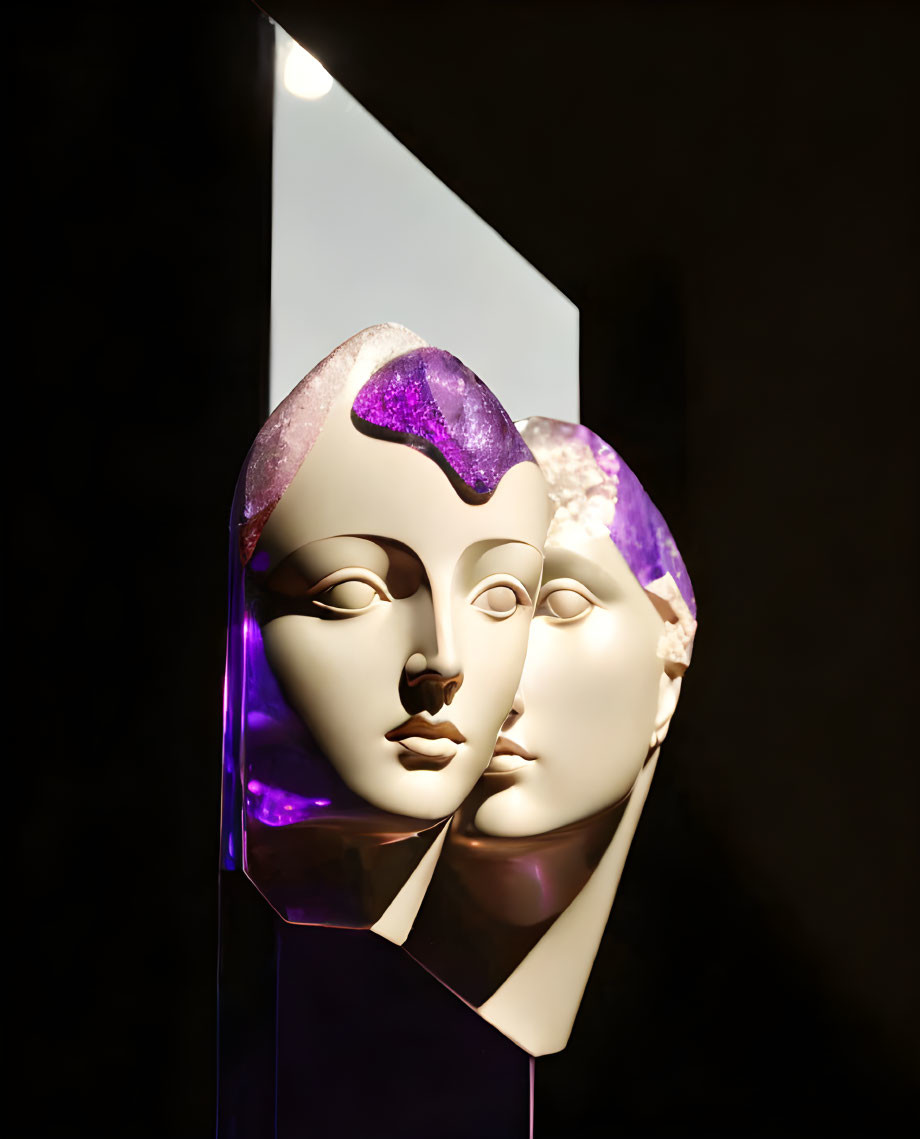 Stylized mannequin heads with purple lighting on metallic surfaces