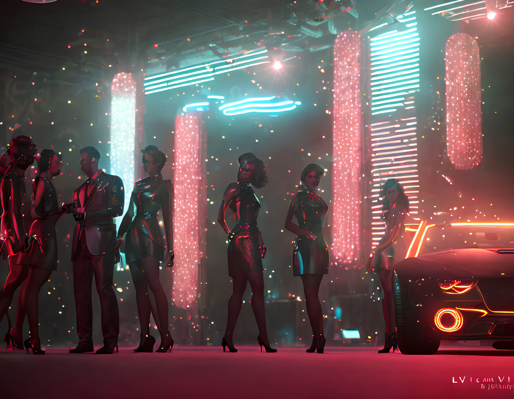 Stylish People by Sleek Car in Futuristic Nightclub with Neon Lights