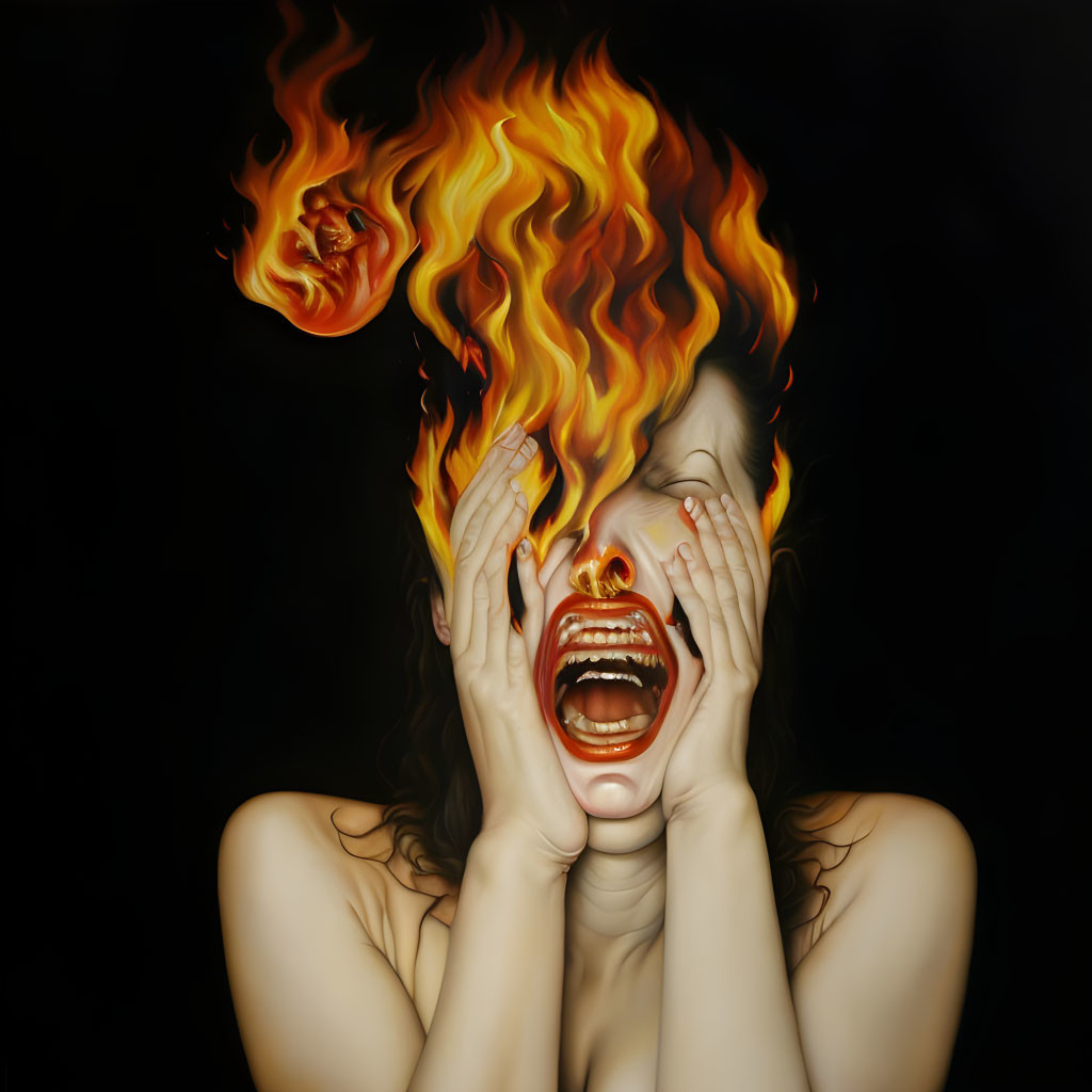 Surreal painting: Person screaming with hands on face, flames engulfing head