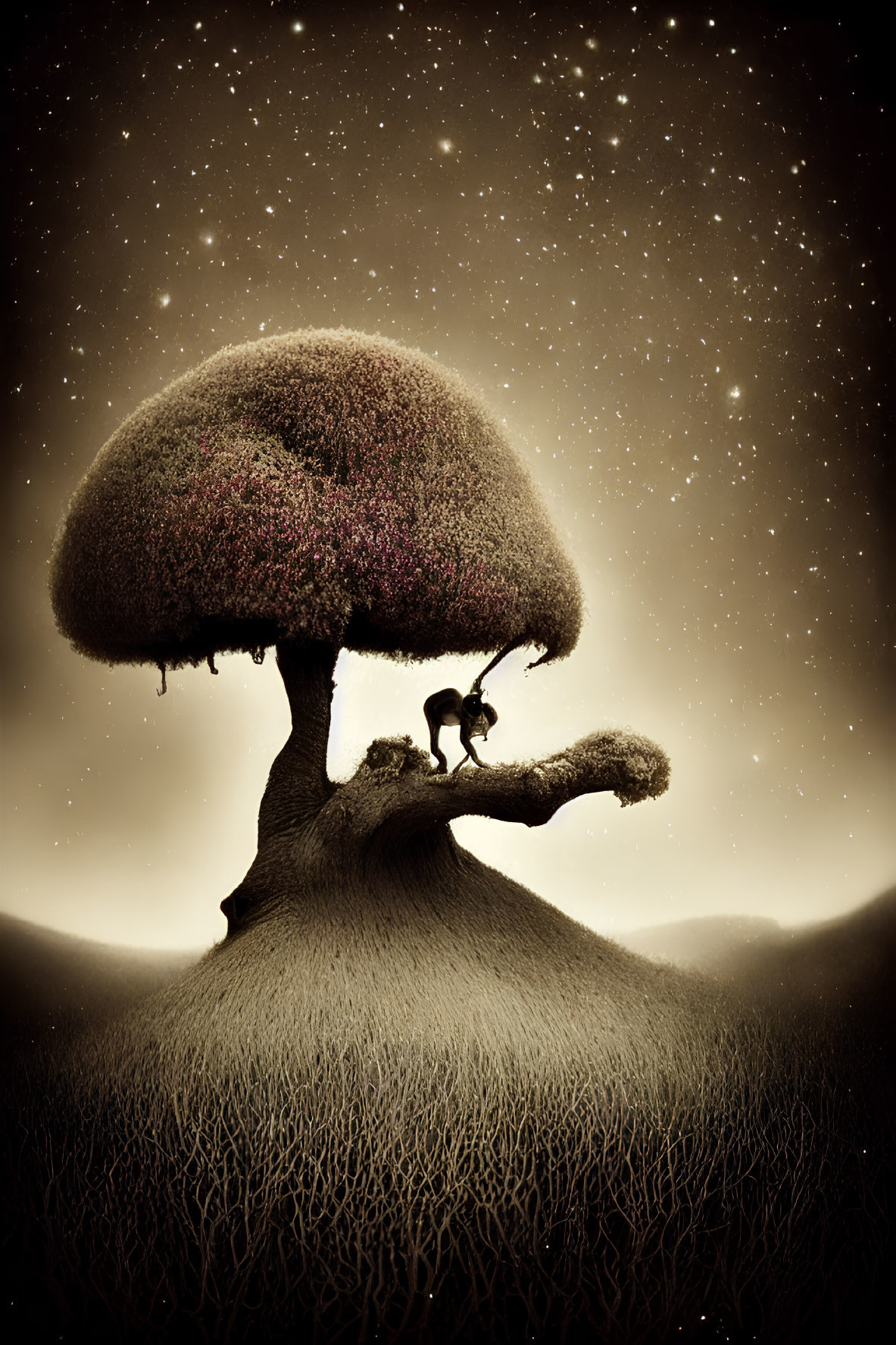 Surreal lone tree resembling a mushroom with person silhouette under starlit sky