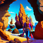 Stylized pirate illustration on beach with ship & rock formations