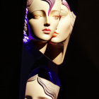 Stylized mannequin heads with purple and white hair under different lighting
