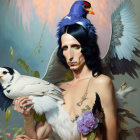 Person with White Wings and Vibrant Birds in Surreal Portrait