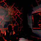 Abstract Artwork: Glowing Red Cracks, Silhouette in Dark Space