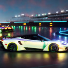 White Sports Car with Green Accents on Twilight Track with Colorful Lights