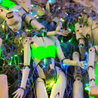 Futuristic humanoid robots with metallic bodies and neon lights
