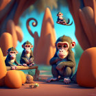 Three animated monkeys around campfire in forest at dusk