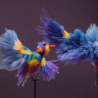 Colorful bird figurines with feathers and beaks on purple background