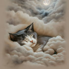 Cat Sleeping Peacefully in Fluffy Clouds Under Starry Sky