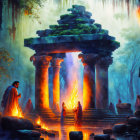 Mystical forest scene with ancient altar and robed figures under lantern light