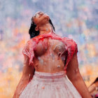 Joyful person in wet, pink-stained garment under colorful water droplets