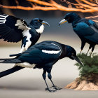 Three Magpies with Scattered Food and Flapping Wings