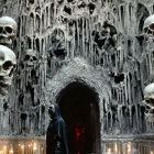 Cloaked Figure in Dark Tunnel Entrance with Skulls and Candles