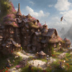 Lush village with purple flower-covered houses in magical light