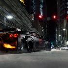 Black and Gold Sports Car Speeding in City Street at Night