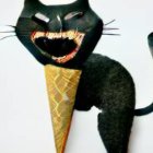 Artistic black cat with sharp teeth in ice cream cone illustration.