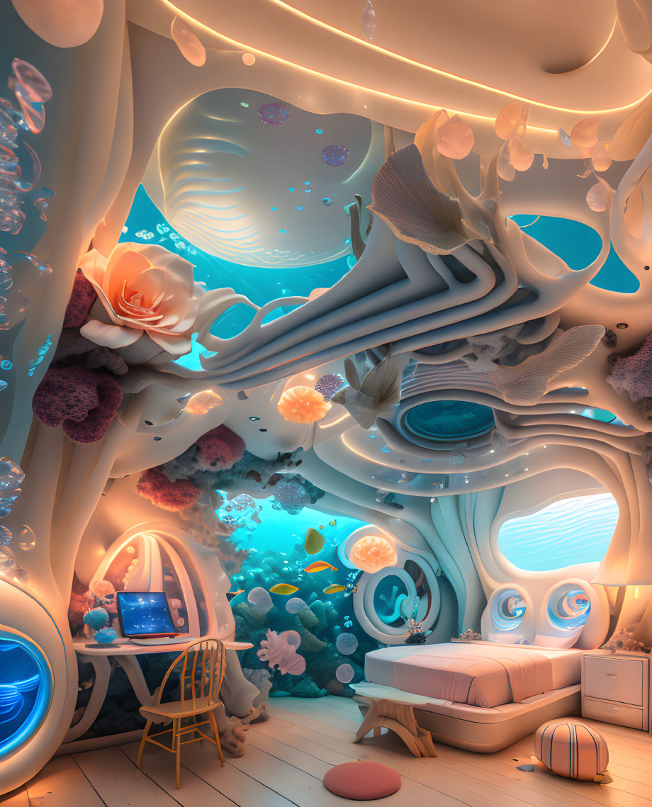 Underwater-themed room with coral structures, marine life illustrations, and serene lighting